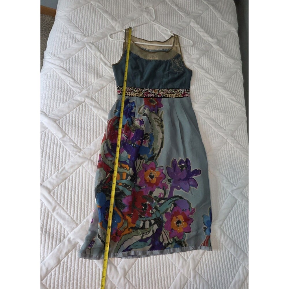 Anthropologie Floreat Silk Dress Womens Size 2 Blue With Floral Lined Skirt - Picture 6 of 9
